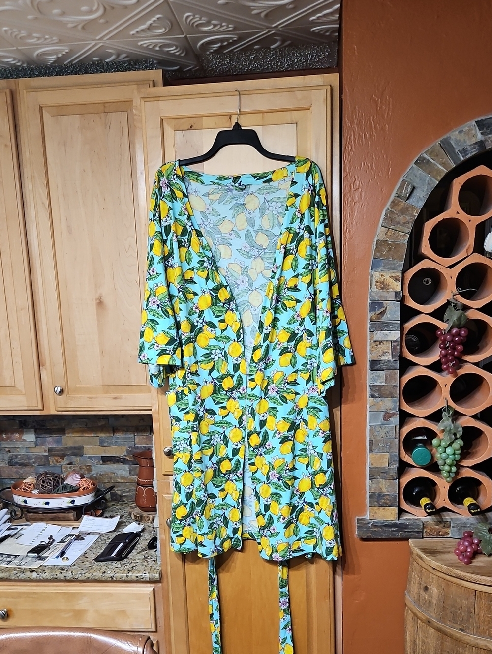 Vera Bradley Lemon Grove Floral Print Cotton Kimono Robe Sleep Blue Green Yellow